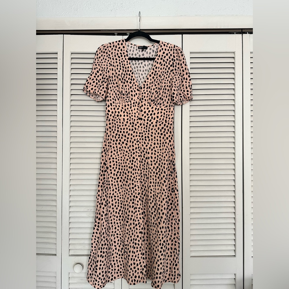 Pink polka dot midi length day dress